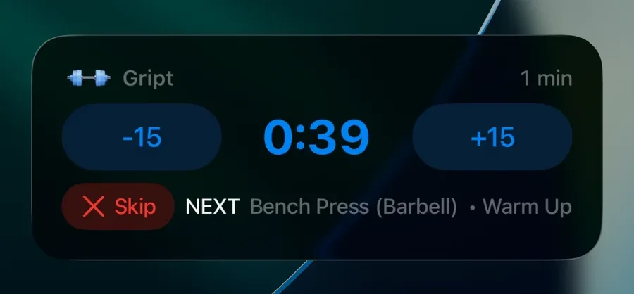 The Gript rest timer running as a Live Activity on the iPhone lock screen with the next set in view